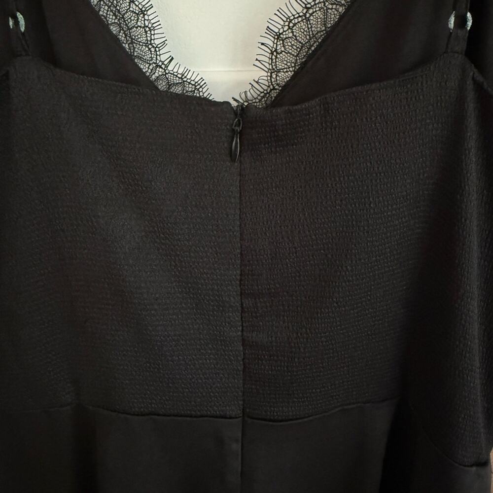 Black Satin Slip Dress Lace Trim Midi High Low Spaghetti Strap Goth M - Picture 6 of 8